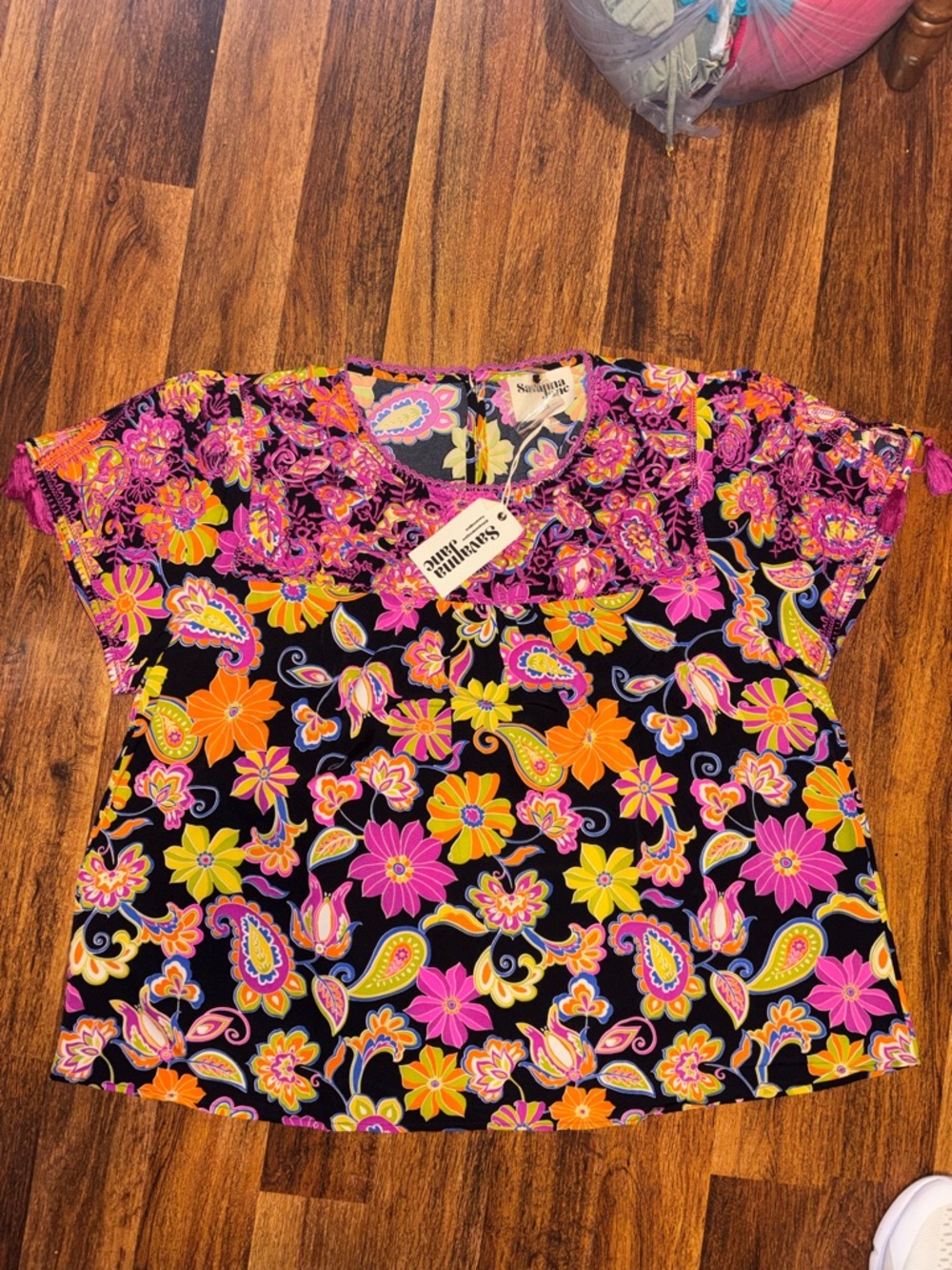 Savanna Jane Black Floral Paisley Pink Orange Yellow Blouse